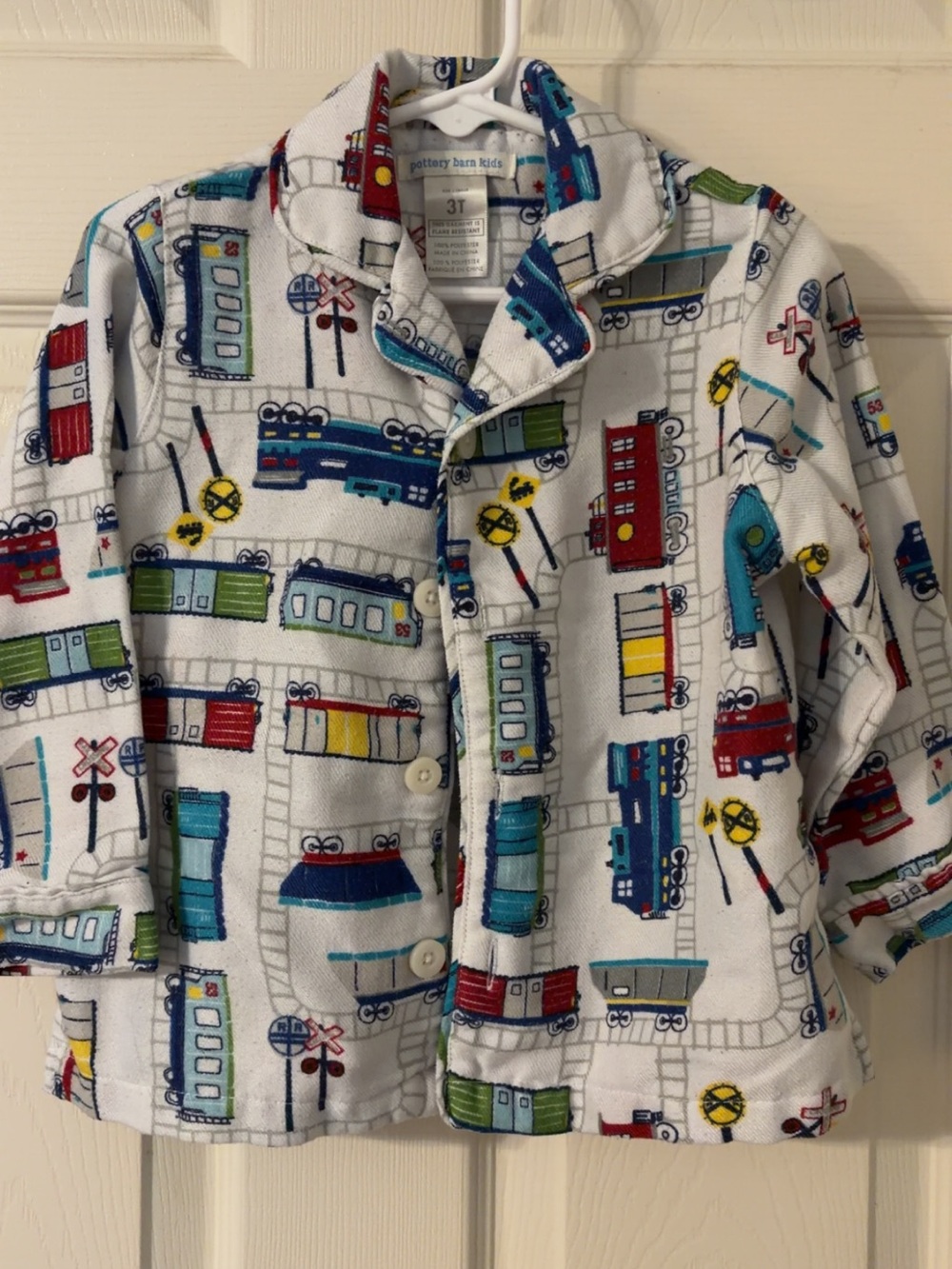 Pottery Barn Kids White Train-Print Button Pajama Top